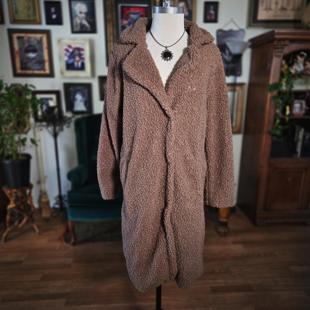 Stoosh Sherpa Teddy Jacket Coat Brown Womens Medium Long Fuzzy Winter Overcoat